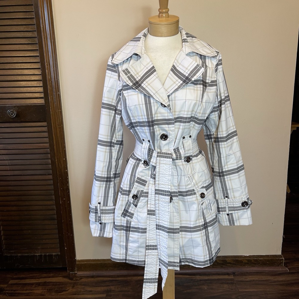 Plaid Belted Trench Coat - White & Gray
